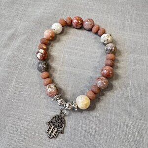 Hamsa Hand Charm Silver Tone and Pink Agate Beaded Stretchy Bracelet